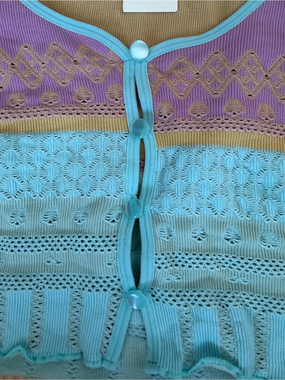 Anthropologie LyreBird Pastel Lavender Aqua Stretchy Textured Button-Front Top